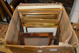 Various paintings and prints and a small mirror.