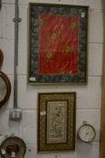 Two Chinese textiles, framed and glazed.