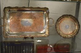 A large silver plated twin handled tray and matching circular dish.