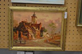 A rural scene with figures on a path and buildings, oil on board.