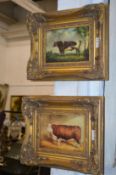 A small pair of decorative gilt framed portraits of cattle.