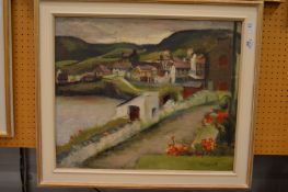 A Coastal Landscape with Buildings and a Path, oil on board, signed.