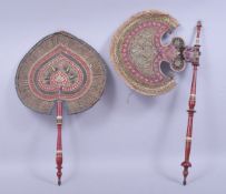 TWO FINE EARLY 19TH METAL THREADED HAND FANS, 44cm and 46cm long (2).