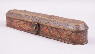 AN INDIAN LAHORE RED AND BLACK ENAMELLED BRASS PEN BOX, possibly 18th century, Mughal, 30cm long.