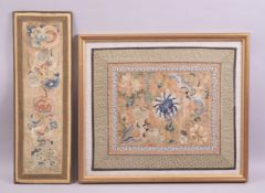 TWO GOOD 19TH CENTURY CHINESE EMBROIDERED SILK PANELS, the larger depicting flying insects and