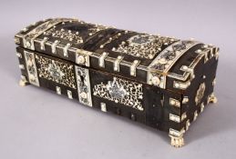 A 19TH CENTURY ISLAMIC ANGLO INDIAN VIZAGAPATAM IVORY AND HORN LIDDED BOX, with carved ivory panels,