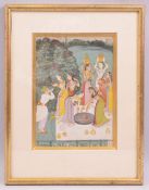 AN 18TH/19TH CENTURY RAJASTHAN INDIAN PAINTING ON PAPER, depicting a rajput warrior being offered