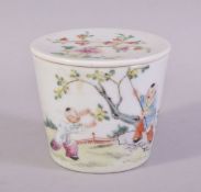 A CHINESE FAMILLE ROSE PORCELAIN BOX AND COVER, painted with two boys at a tree, the lid with floral