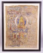 A FRAMED AND GLAZED TIBETAN THANGKA, overall size 92cm x 72cm.