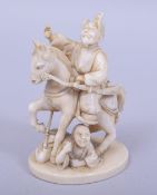 A JAPANESE MEIJI PERIOD CARVED IVORY OKIMONO - WARRIOR ON HORSEBACK, red tablet seal to base, 9.