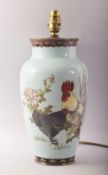 A GOOD CHINESE PALE BLUE GROUND CLOISONNE COCKEREL LAMP, the body decorated with a rooster and hen