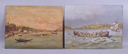 A PAIR OF ISTANBUL OIL PAINTINGS ON WOOD BOARD, depicting scenes with boats, one signed to bottom