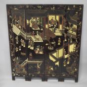 A CHINESE FOUR PANELLED LACQUERED WOODEN SCREEN, the screen with a courtyard scene with numerous