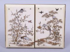 A SUPERB JAPANESE IVORY AND SHIBAYAMA PANELLED HINGED DOOR DOUBLE FRAME, the panels with shibayama