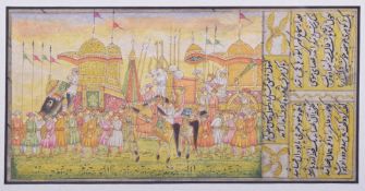A FINE INDIAN MINIATURE PAINTING ON PAPER, depicting a procession with finely painted figures and