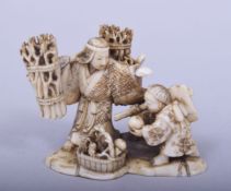 A JAPANESE MEIJI PERIOD CARVED IVORY OKIMONO - MARKET LADY AND CHILD, stood with sticks and fruit
