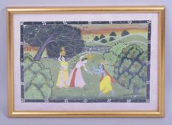 A 19TH/20TH CENTURY INDIAN WATERCOLOUR of a blue skin god, landscape scene with two females,