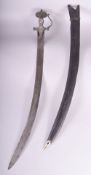 A SUPERB INDIAN SILVER INLAID STEEL HILT TULWAR and leather scabbard, 91cm long.