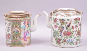 A CHINESE CANTON FAMILLE ROSE PORCELAIN TEAPOT, painted with panels of figures, birds, butterflies