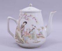 A CHINESE PORCELAIN TEAPOT, painted with two figures in an outdoor scene, the reverse with