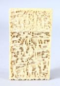 A GOOD CHINESE CANTON CARVED IVORY CARD CASE, carved with figures in a busy landscape, 9.5cm x 5.
