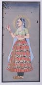 A FINE INDIAN MINIATURE PAINTING OF A FEMALE FIGURE, her dress bearing calligraphy, framed and