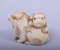 A JAPANESE MEIJI PERIOD CARVED IVORY NETSUKE - AKITA PUPPIES in play, 3.5cm.