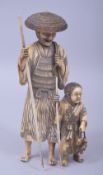 A JAPANESE MEIJI PERIOD CARVED IVORY OKIMONO - FISHERMAN, both with their catch and rods, 14.5cm