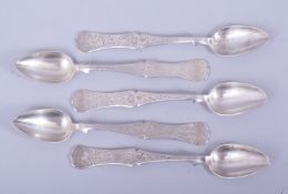 A SET OF FIVE 19TH CENTURY TURKISH OTTOMAN SILVER SPOONS, each with tughra marks centre handle,