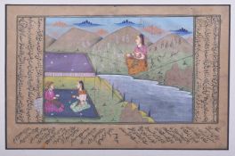 AN INDIAN MINIATURE PAINTING ON PAPER, depicting a couple in a landscape scene with a larger
