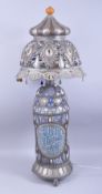 A LARGE 19TH / 20TH CENTURY MOROCCAN WHITE METAL AND CERAMIC CALLIGRAPHIC LAMP, the filigree style