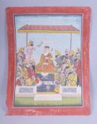 A LARGE INDIAN MINATURE PAINTING OF A COURT SCENE, unframed, 41cm x 31cm.