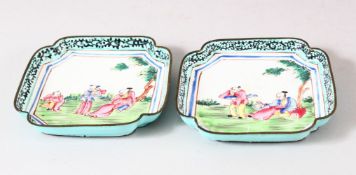 A PAIR OF CHINESE CANTON ENAMELLED DISHES, painted with figures in a landscape, 9.5cm square.