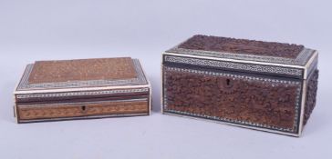 TWO ANGLO INDIAN INLAID LIDDED BOXES, both inlaid with bone and micro mosaic, with carved wooden