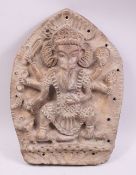 AN 18TH CENTURY INDIAN TEBET NIPAL ARCHED CLAY RELIEF PLAQUE OF GANESHA, 30cm x 22cm, prov; German