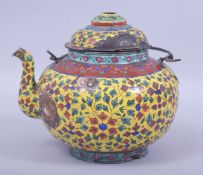 A 19TH CENTURY THAI ENAMELLED COPPER TEAPOT, with colourful foliate decoration, 19cm spout to