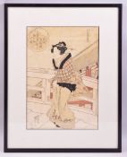 A JAPANESE WOODBLOCK PRINT BY KUNISADA, depicting a female figure standing on a bridge, framed and