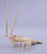 A JAPANESE CARVED IVORY OR BONE RETICULATED MODEL OF A CRAYFISH, 42cm overall.