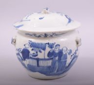 A GOOD CHINESE BLUE AND WHITE PORCELAIN JAR AND COVER, painted with figures, 15cm high.
