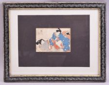 A JAPANESE WOODBLOCK PRINT, depicting an erotic scene, decoratively framed, image 8.5cm x 12cm,