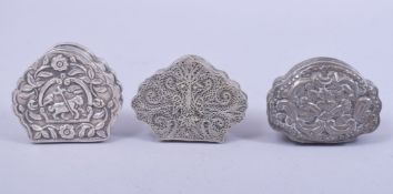 THREE 19TH CENTURY TURKISH OTTOMAN SILVER SNUFF BOXES, 6cm wide (3).