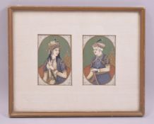 TWO GOOD INDIAN MINIATURE PORTRAITS possibly on ivory, of a male and female with gilt highlights,