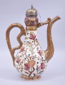 A CZECH POTTERY EWER FOR THE TURKISH MARKET, with floral decoration and butterflies, silver plated