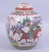 A 19TH CENTURY CHINESE CRACKLE GLAZE WARRIOR JAR AND COVER, the body decorated with famille rose