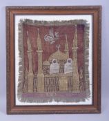 AN ISLAMIC EMBRODERED GILT THREAD TEXTILE PANEL, depicting a mosque, framed and glazed, overall 57cm
