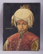 AN OTTOMAN PAINTED PORTRAIT OF A SULTAN, oil on wood board, 31.5cm x 25.5cm.
