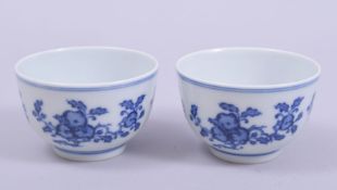 A GOOD PAIR OF CHINESE BLUE AND WHITE PORCELAIN TEA BOWLS, the exterior of each painted with
