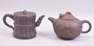 TWO GOOD CHINESE YIXING TEAPOTS, one of bamboo design with impressed mark to inner lid and base,