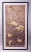 A GOOD LARGE EARLY 20TH CENTURY CHINESE EMBROIDERED SILK WORK PICTURE, depicting geese on a pond