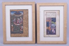 TWO INDIAN MINIATURE PAINTINGS, one depicting an evening scene with a male and a female figure,